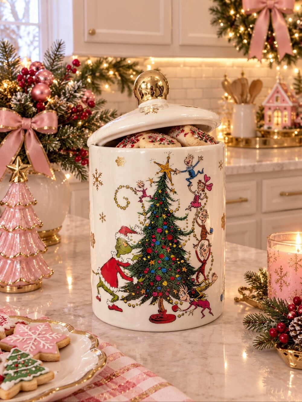 Dr. Seuss Grinch Ceramic Cookie Jar - White, Gold, Green, Red